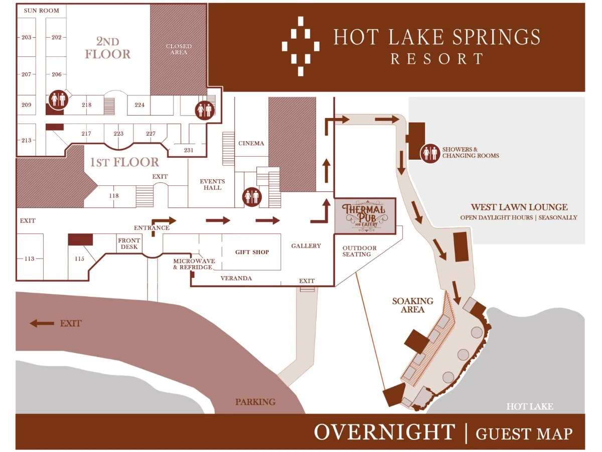 Map of Hot Lake Springs Resort grounds showing room locations, stairs, front desk, soaking pools, gift shop, and other facilities.
