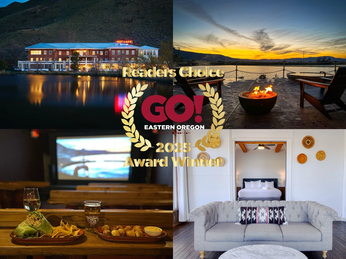 Hot Lake Springs Resort 2025 GO Magazine Readers' Choice Award collage featuring the resort exterior at dusk, sunset soaking view, theater food and drinks, and a cozy room.
